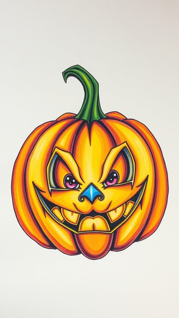 Pumpkin Head Drawing Tutorial A colorful pumpkin head drawing with expressive facial features on a soft background.